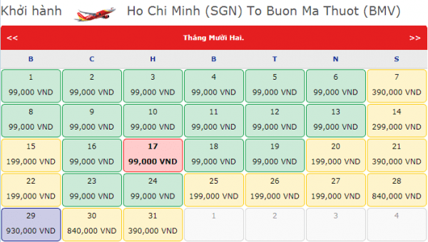 Vé máy bay từ Hồ Chí Minh tới Buôn Mê Thuột tháng 12