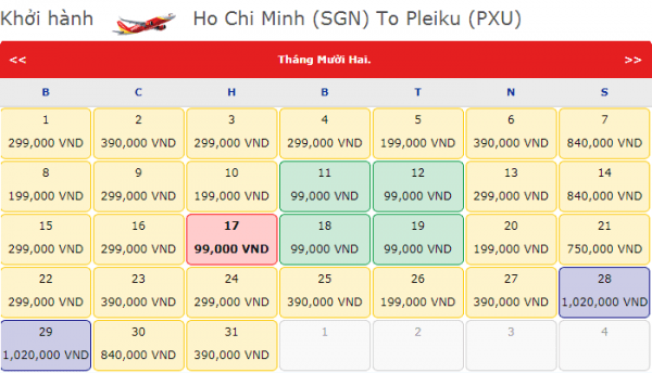 Bảng giá vé máy bay giá rẻ trong tháng 12