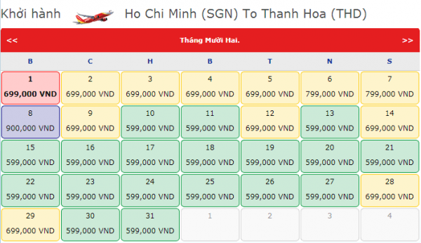 Bảng giá vé máy bay đi Thanh Hóa