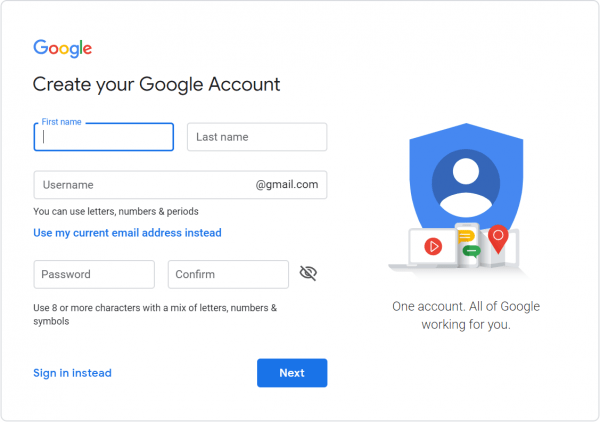 Để tạo một tài khoản Google mới để sử dụng Gmail, bạn sẽ cần phải điền vào màn hình này.