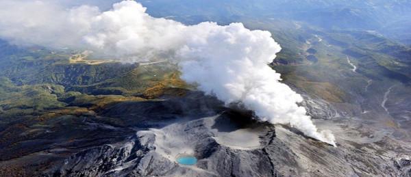 Mount Ontake, Japan, aerial view of gases emerging from crater